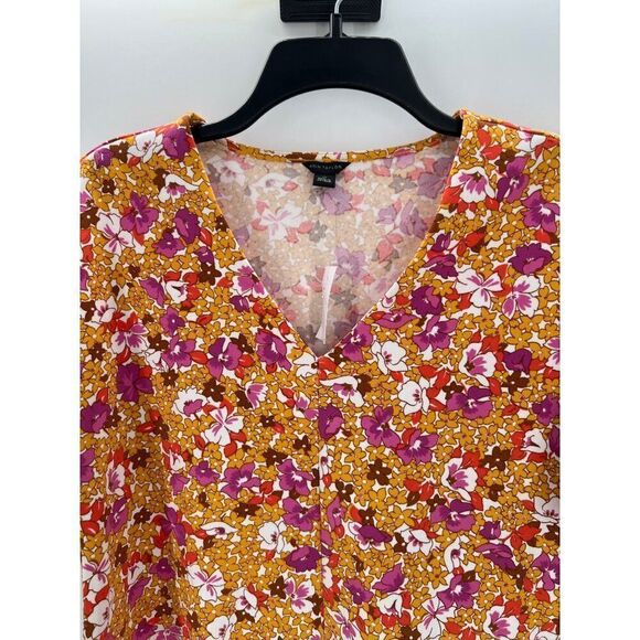 Ann Taylor XS Floral V-Neck Blouse Retro Short Sleeve Yellow Pink New - Picture 2 of 8